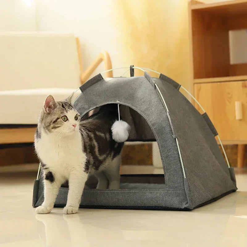 MyPetsBay™ Cozy Pet Tent Bed – Warm Fleece Cat House with Removable Cushion & Non-Slip Base
