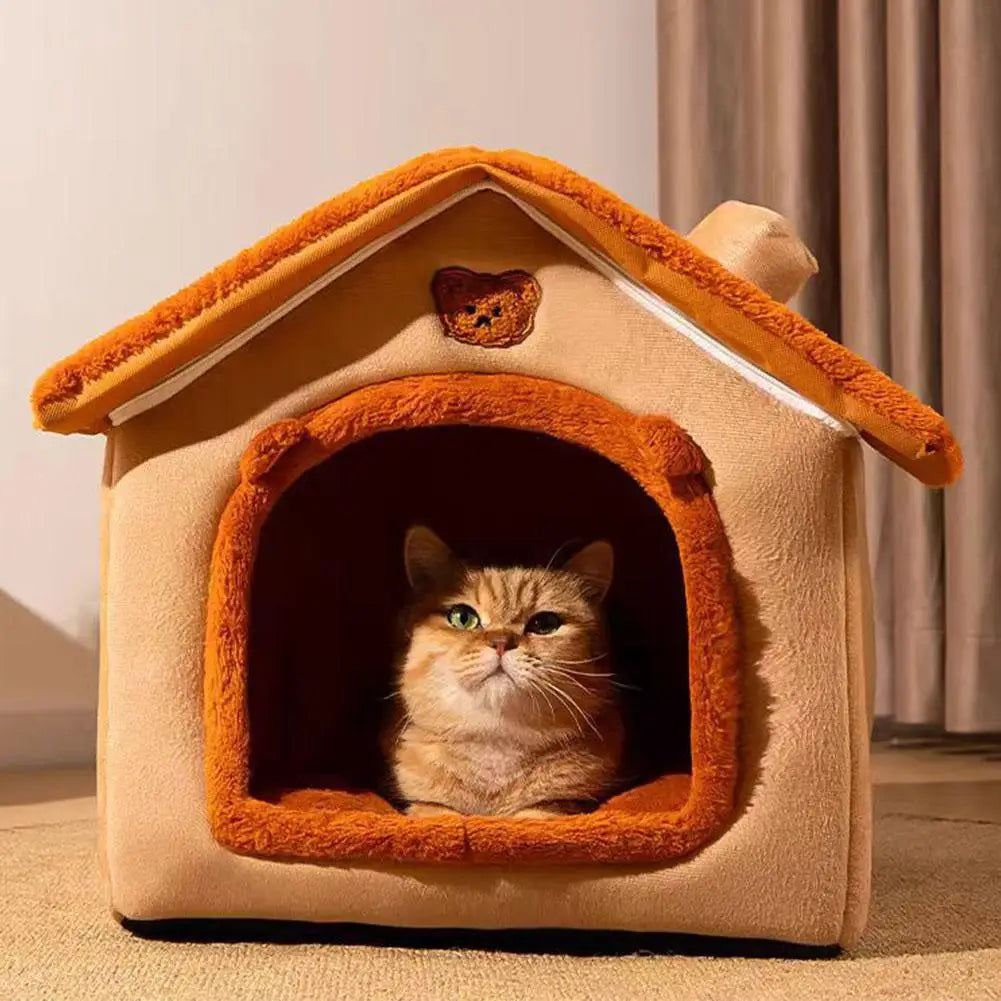 MyPetsBay™ Indoor Cat House – Soft Plush Cave Bed with Washable Cushion