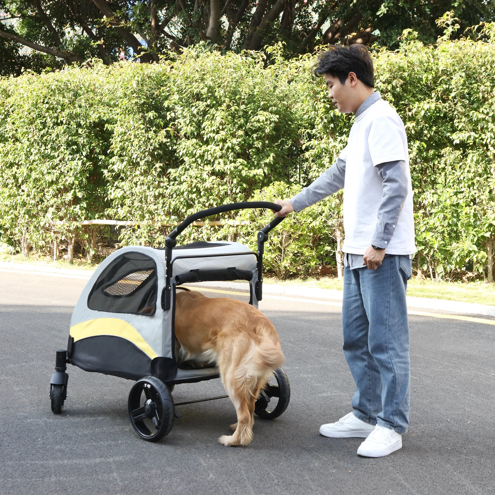 MyPetsBay™ 4-Wheel Foldable Dog Stroller | Heavy-Duty Pet Travel Cart for Medium, Large & XL Dogs (Up to 121 lbs)