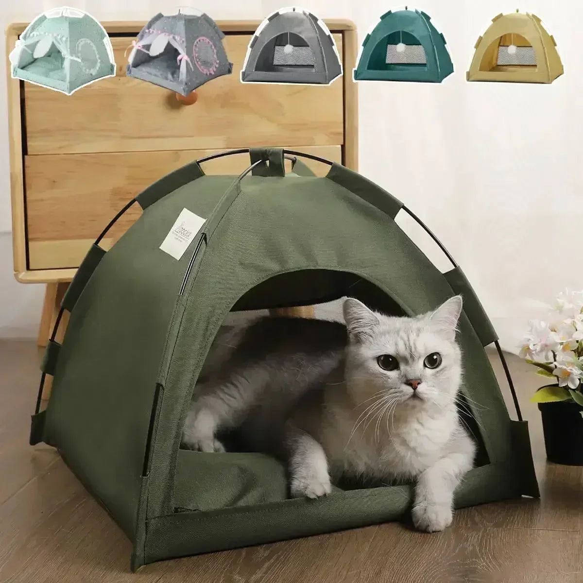 MyPetsBay™ Cozy Pet Tent Bed – Warm Fleece Cat House with Removable Cushion & Non-Slip Base