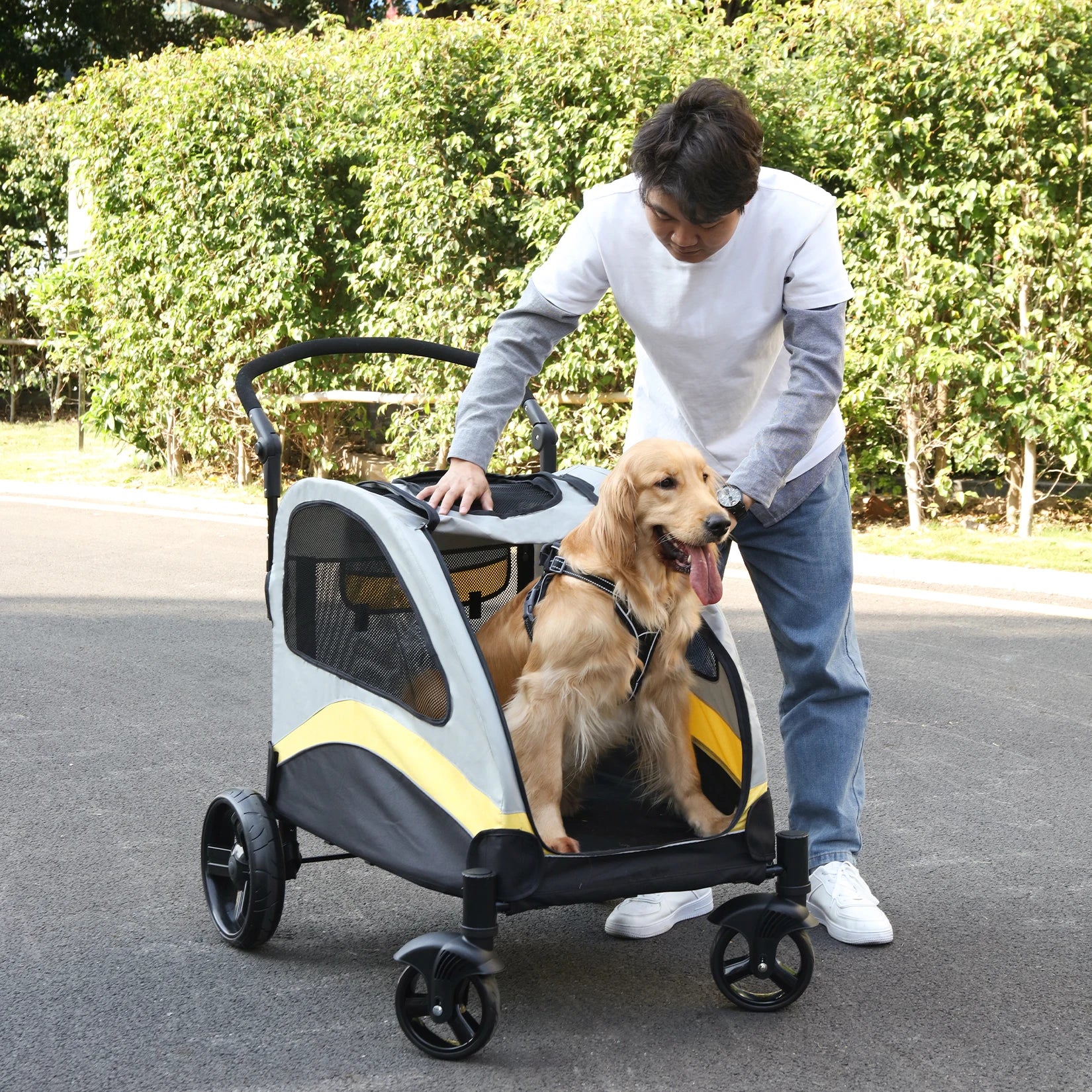 MyPetsBay™ 4-Wheel Foldable Dog Stroller | Heavy-Duty Pet Travel Cart for Medium, Large & XL Dogs (Up to 121 lbs)