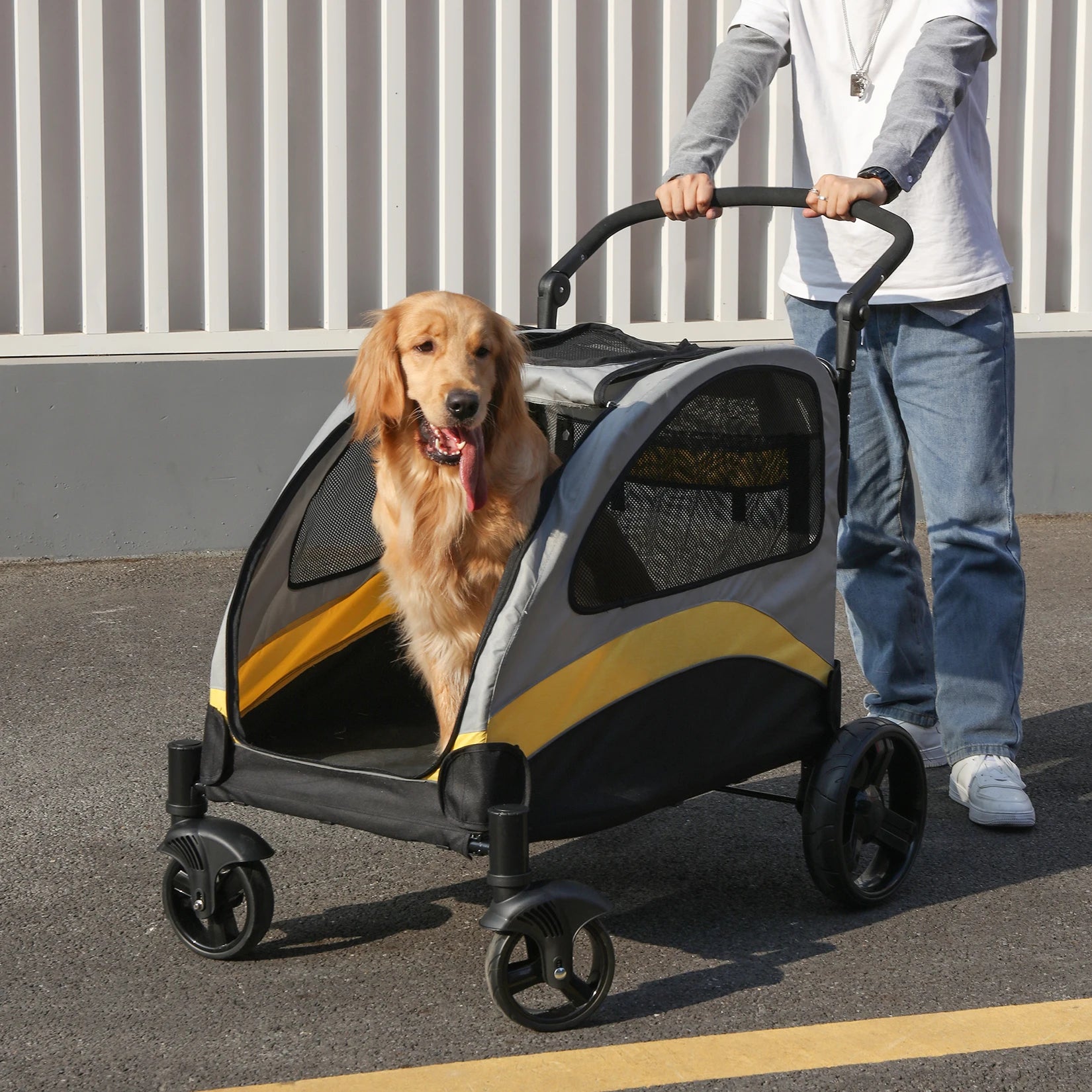 MyPetsBay™ 4-Wheel Foldable Dog Stroller | Heavy-Duty Pet Travel Cart for Medium, Large & XL Dogs (Up to 121 lbs)