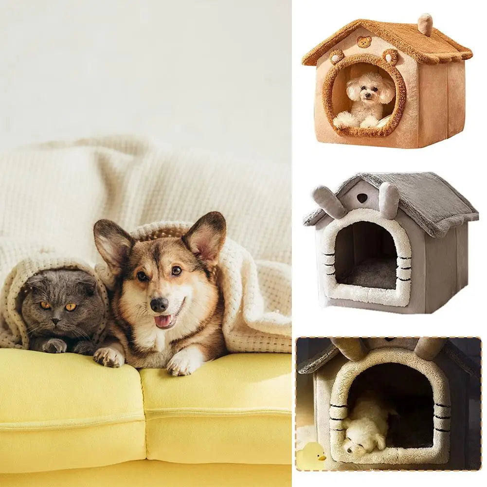 MyPetsBay™ Indoor Cat House – Soft Plush Cave Bed with Washable Cushion