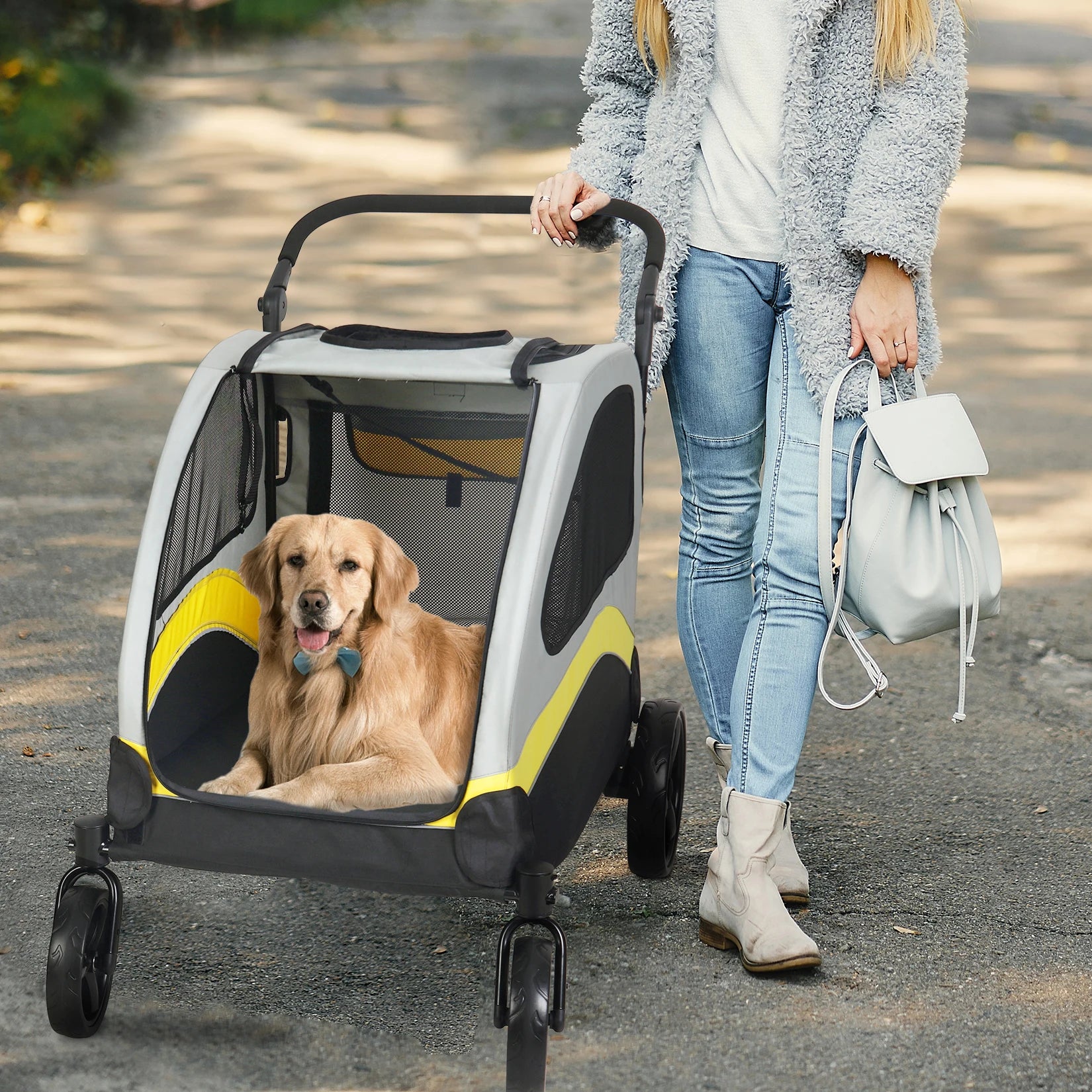 MyPetsBay™ 4-Wheel Foldable Dog Stroller | Heavy-Duty Pet Travel Cart for Medium, Large & XL Dogs (Up to 121 lbs)