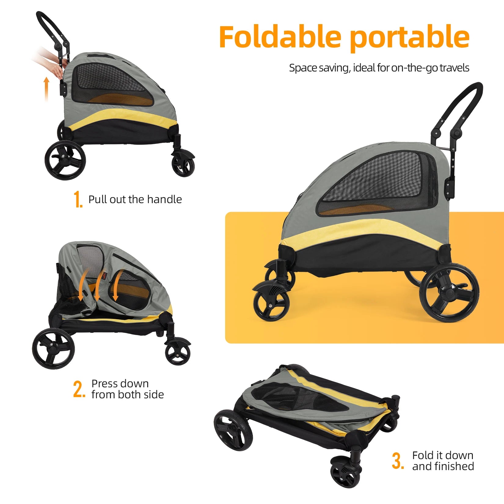 MyPetsBay™ 4-Wheel Foldable Dog Stroller | Heavy-Duty Pet Travel Cart for Medium, Large & XL Dogs (Up to 121 lbs)