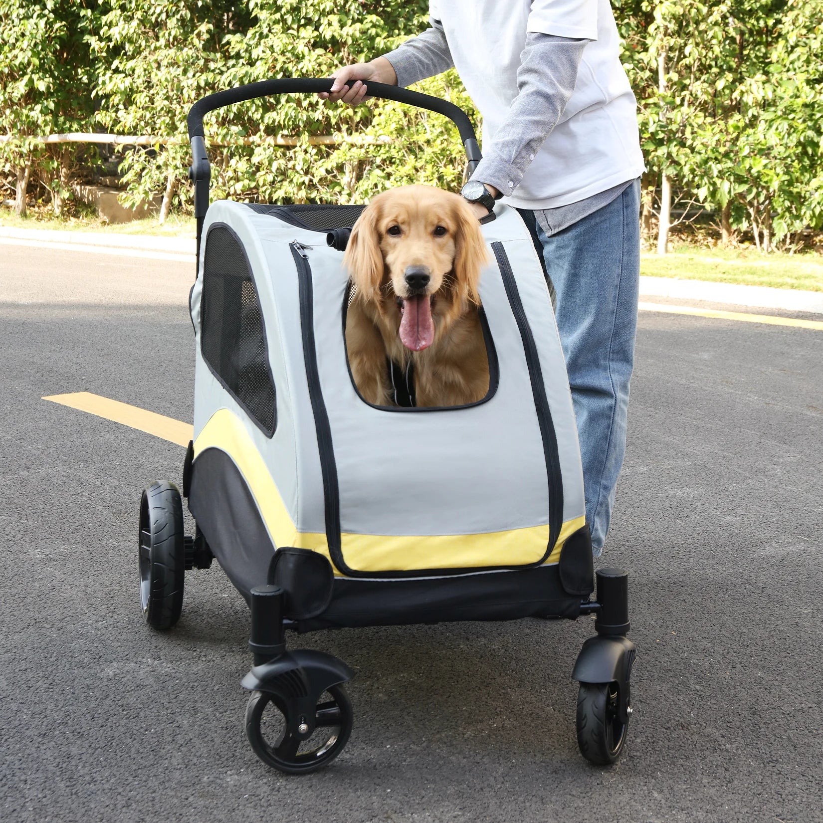 MyPetsBay™ 4-Wheel Foldable Dog Stroller | Heavy-Duty Pet Travel Cart for Medium, Large & XL Dogs (Up to 121 lbs)