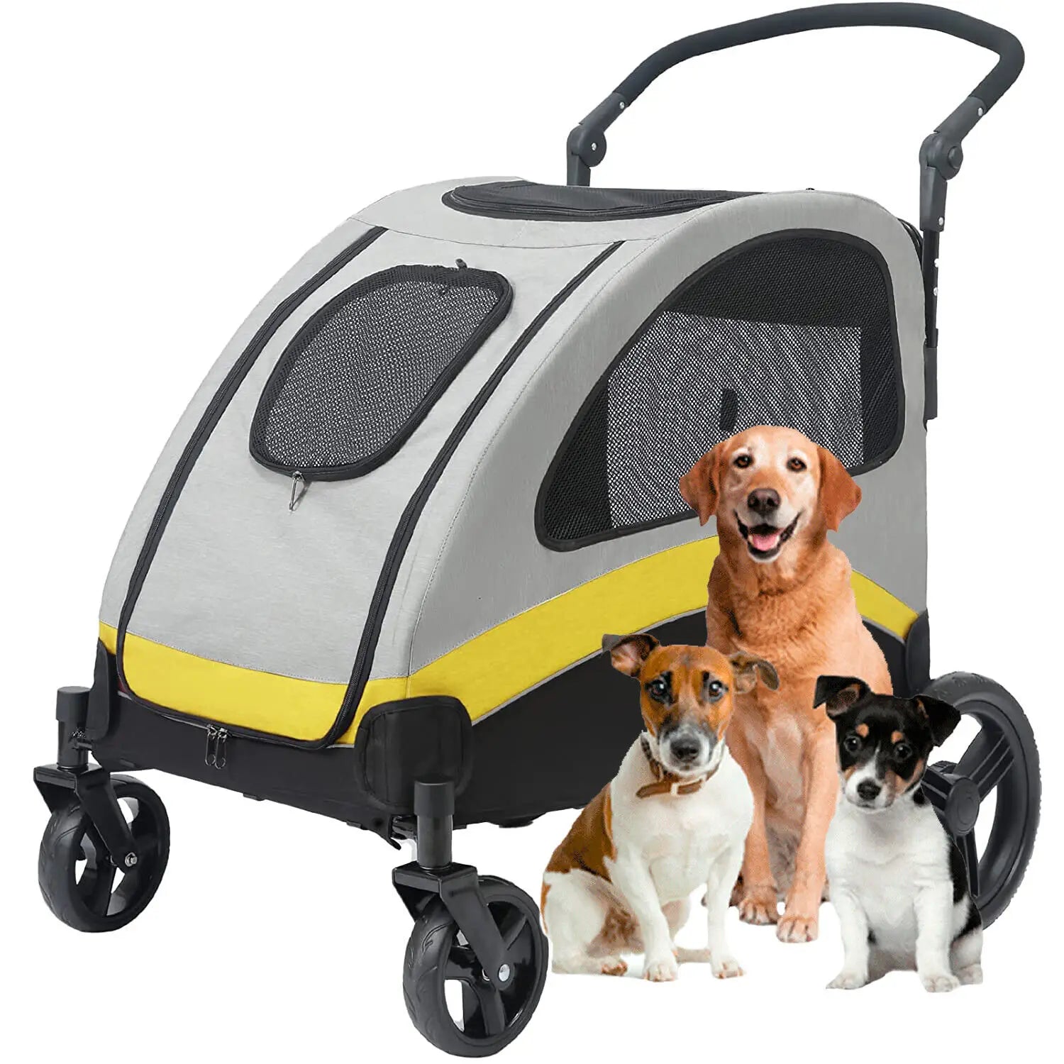 MyPetsBay™ 4-Wheel Foldable Dog Stroller | Heavy-Duty Pet Travel Cart for Medium, Large & XL Dogs (Up to 121 lbs)