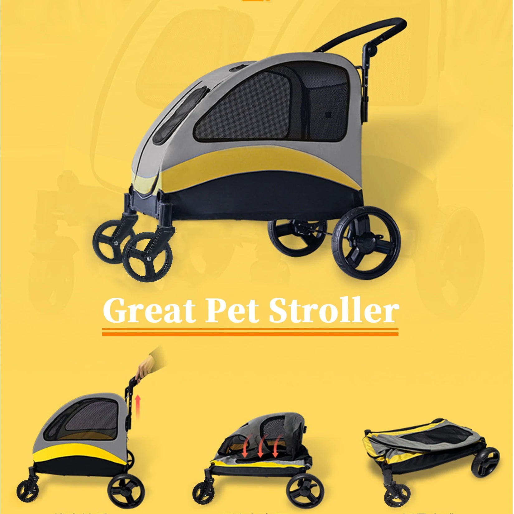 MyPetsBay™ 4-Wheel Foldable Dog Stroller | Heavy-Duty Pet Travel Cart for Medium, Large & XL Dogs (Up to 121 lbs)