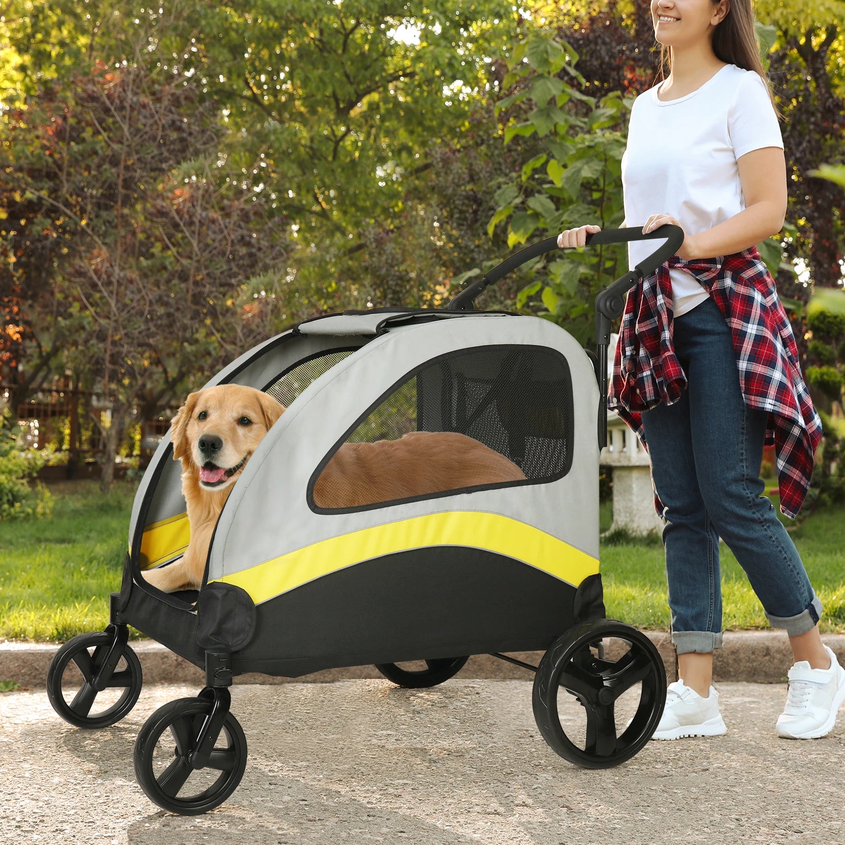 MyPetsBay™ 4-Wheel Foldable Dog Stroller | Heavy-Duty Pet Travel Cart for Medium, Large & XL Dogs (Up to 121 lbs)