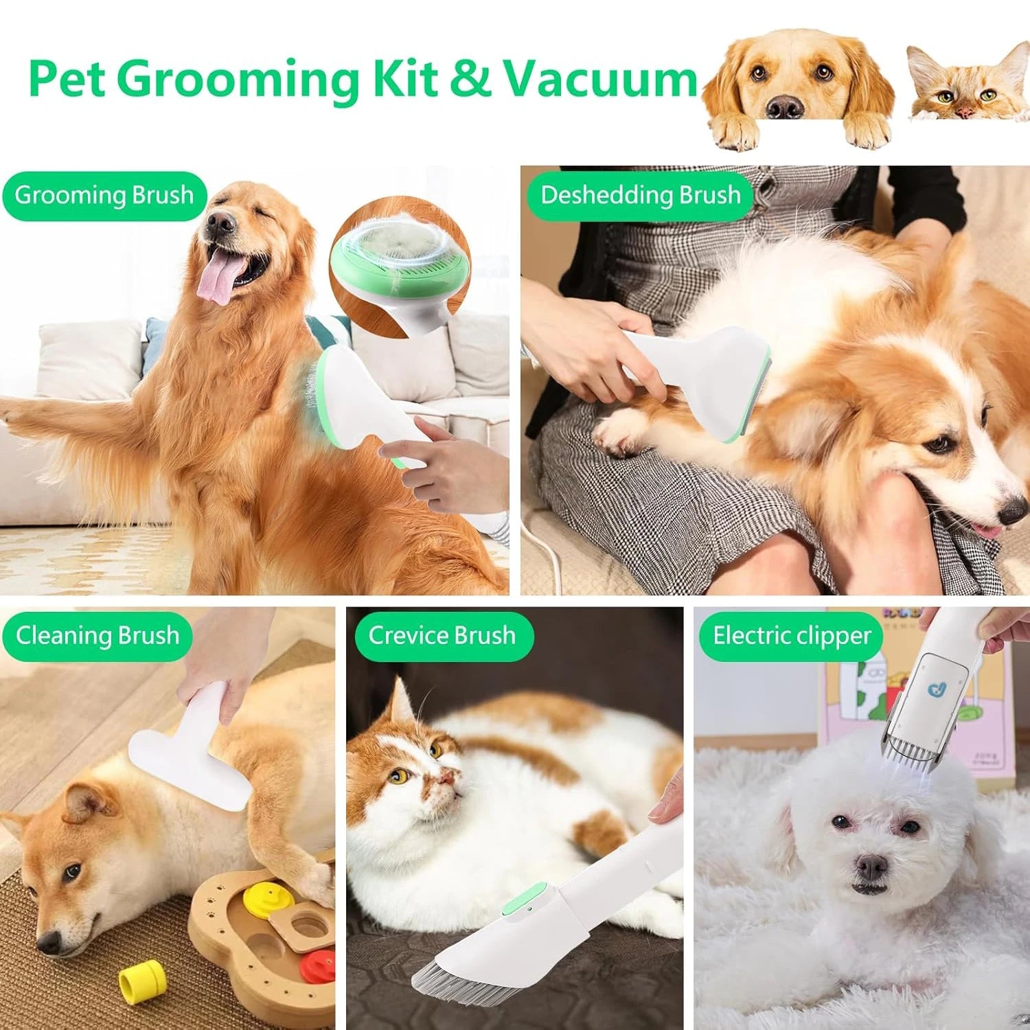 MyPetsBay™ Professional Pet Grooming Vacuum Kit 2L Silent Hair Collector with 5 Grooming Tools & 16-Level Suction for Dogs & Cats