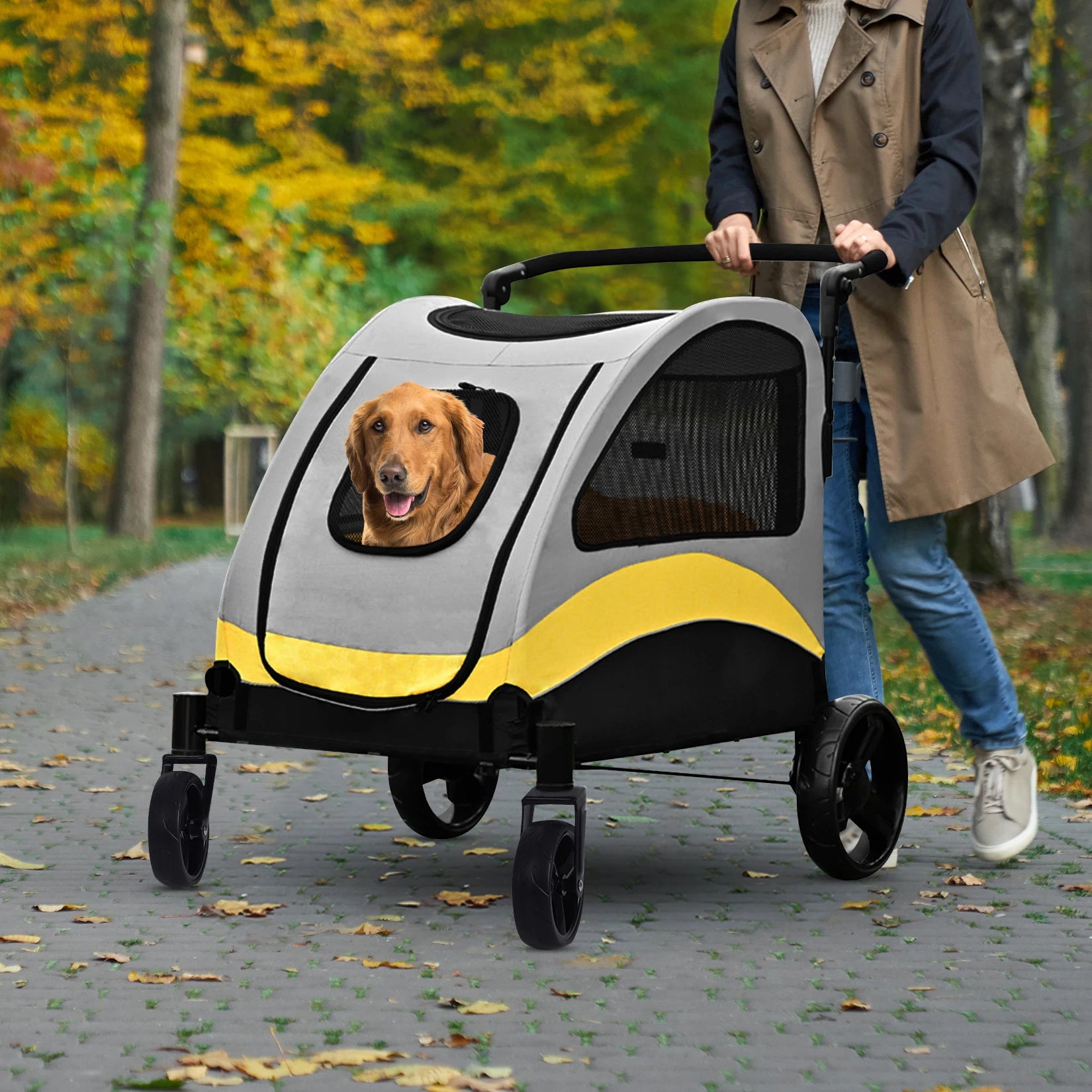 MyPetsBay™ 4-Wheel Foldable Dog Stroller | Heavy-Duty Pet Travel Cart for Medium, Large & XL Dogs (Up to 121 lbs)
