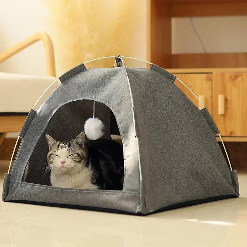 MyPetsBay™ Cozy Pet Tent Bed – Warm Fleece Cat House with Removable Cushion & Non-Slip Base
