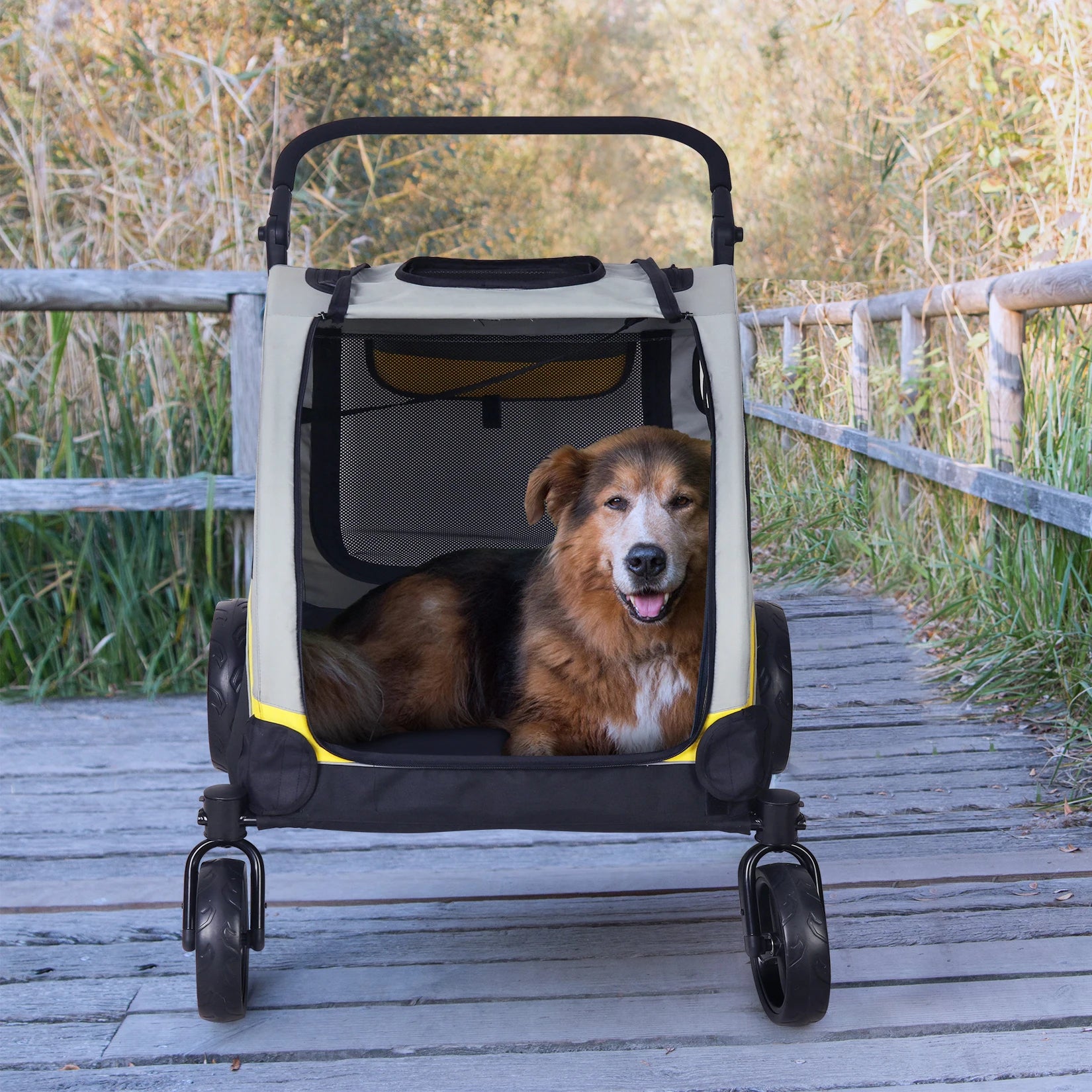 MyPetsBay™ 4-Wheel Foldable Dog Stroller | Heavy-Duty Pet Travel Cart for Medium, Large & XL Dogs (Up to 121 lbs)
