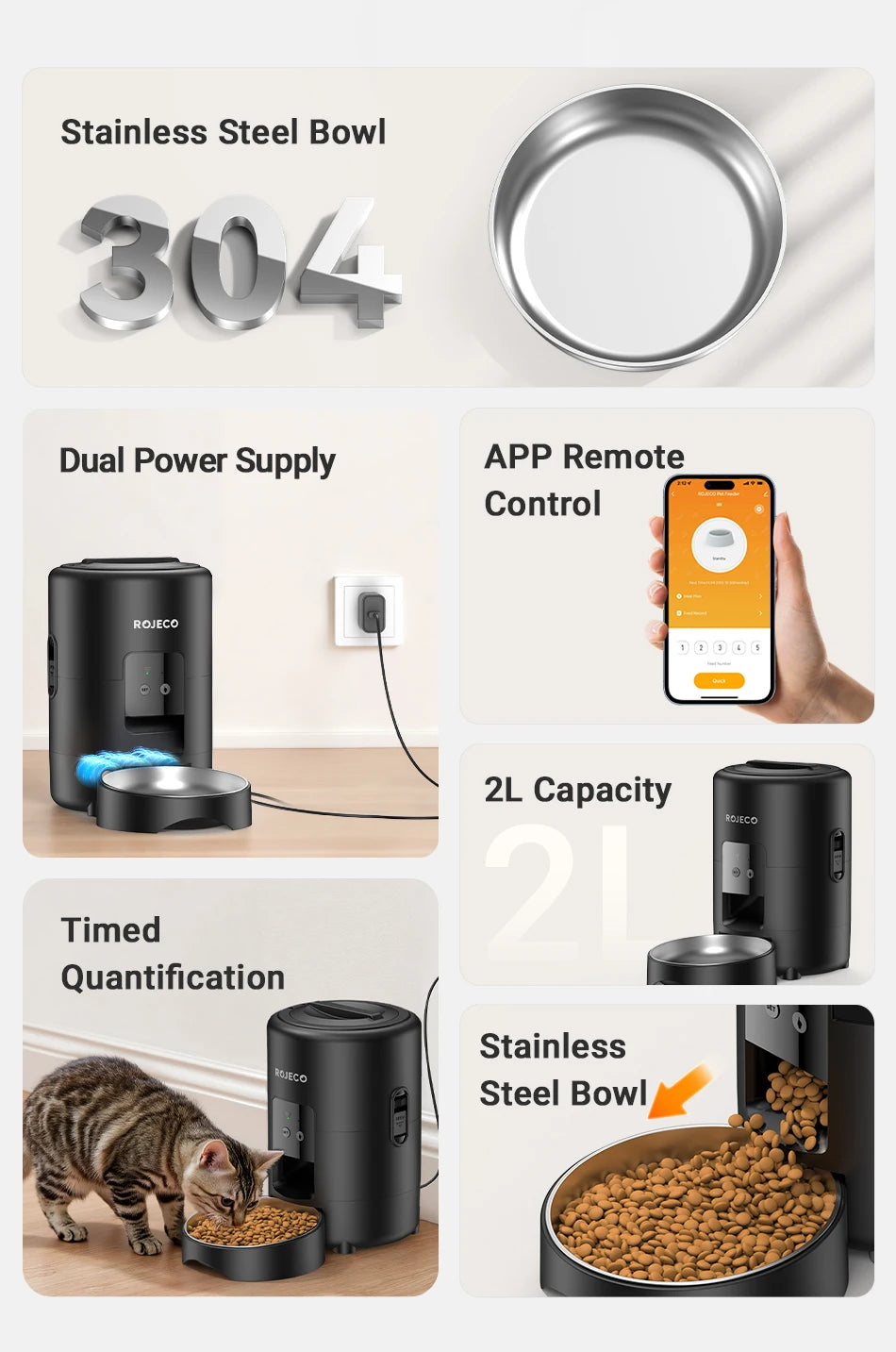 MyPetsBay™ ROJECO Smart Automatic Pet Feeder WiFi App Control Cat & Dog Food Dispenser