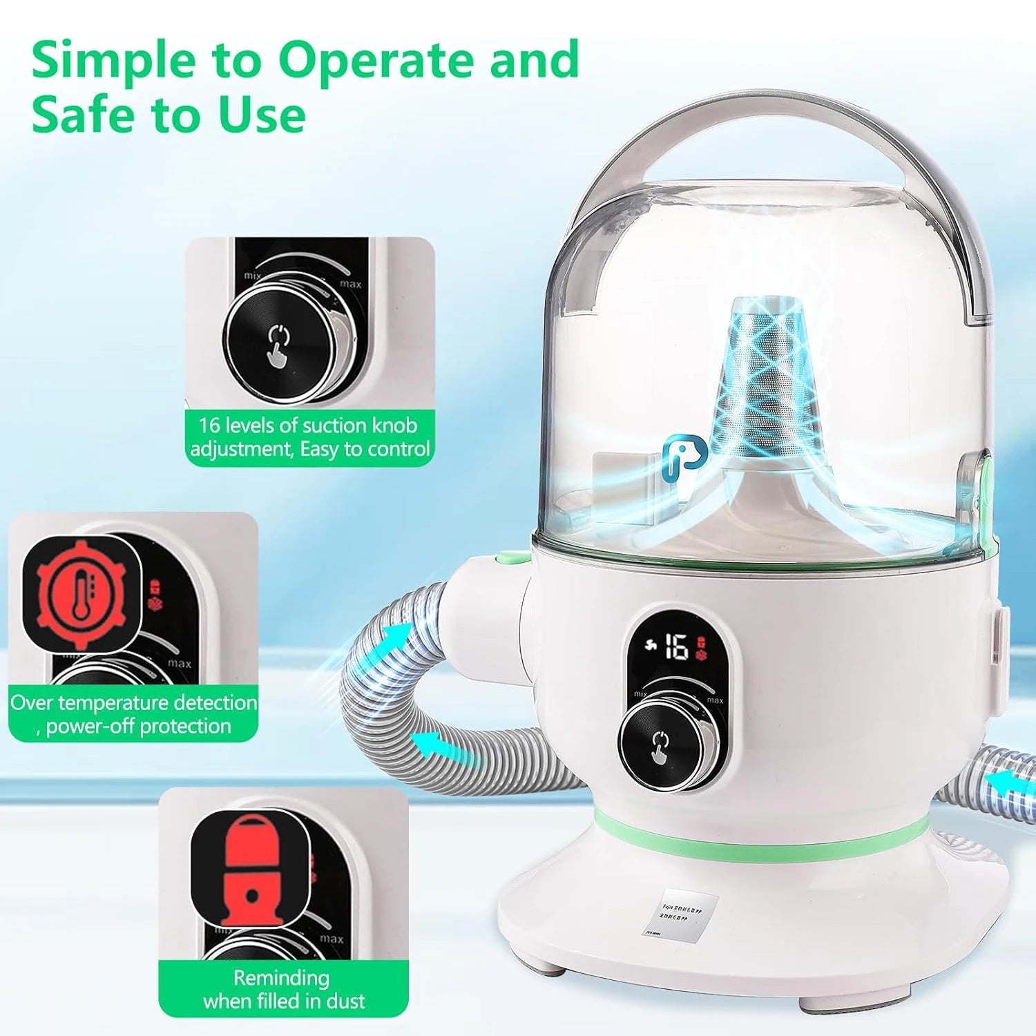 MyPetsBay™ Professional Pet Grooming Vacuum Kit 2L Silent Hair Collector with 5 Grooming Tools & 16-Level Suction for Dogs & Cats